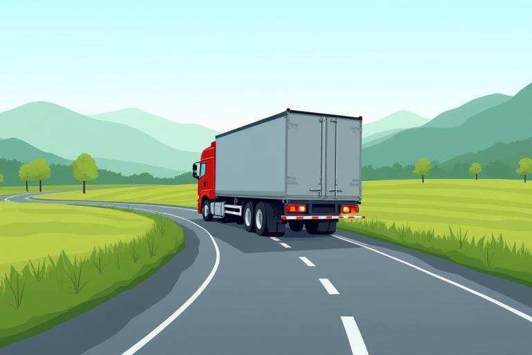 Truck driving on a scenic road representing transport step.